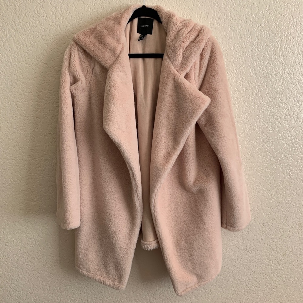 F21 Soft drape teddy fur hooded coat